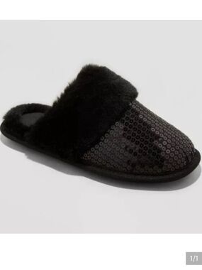 Auden 7/8 Black Sequined Faux Fur Lined Women's slip on Slippers NEW WITH TAGS